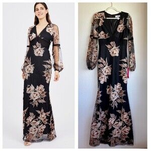 NWT Belle by Badgley Mischka Floral Embroidered Mermaid V-Neck Long Sleeve Gown